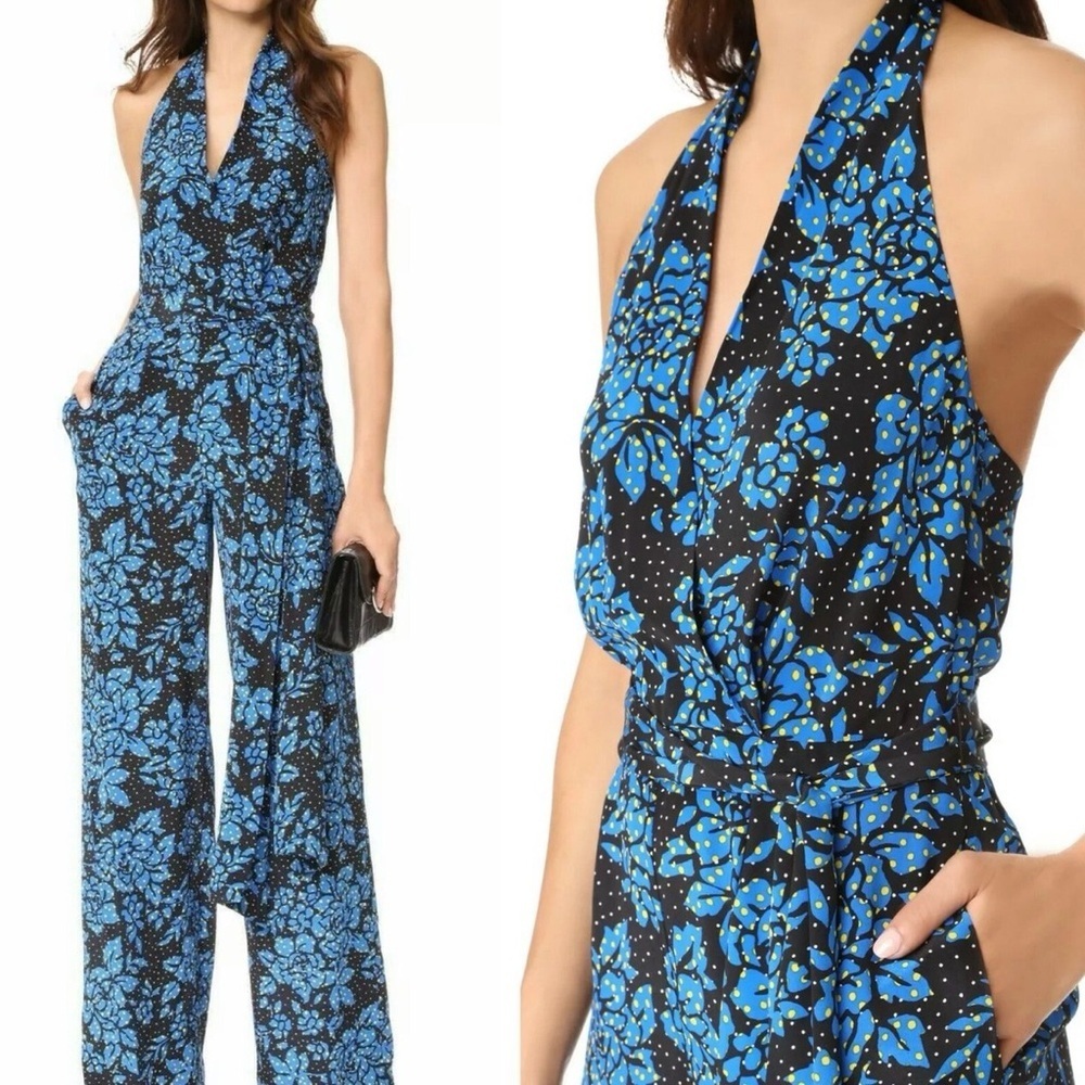 NWT $448 DVF Diane von Furstenberg CALLOW Blue Halter Faux Wrap Jumpsuit 12